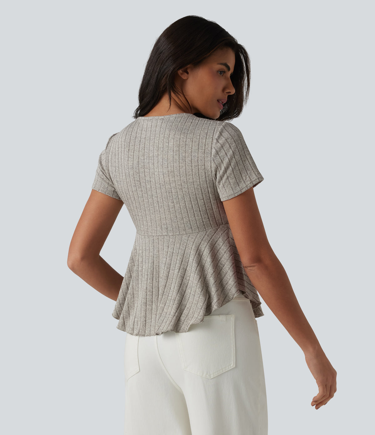 Ribbed Knit V Neck Short Sleeve Ruffle Hem Casual Babydoll T-Shirt — Warm Grey Floral Velvet — view 2