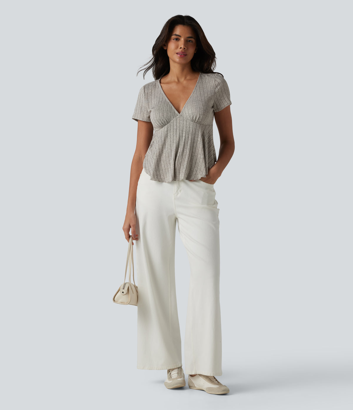 Ribbed Knit V Neck Short Sleeve Ruffle Hem Casual Babydoll T-Shirt — Warm Grey Floral Velvet — view 5