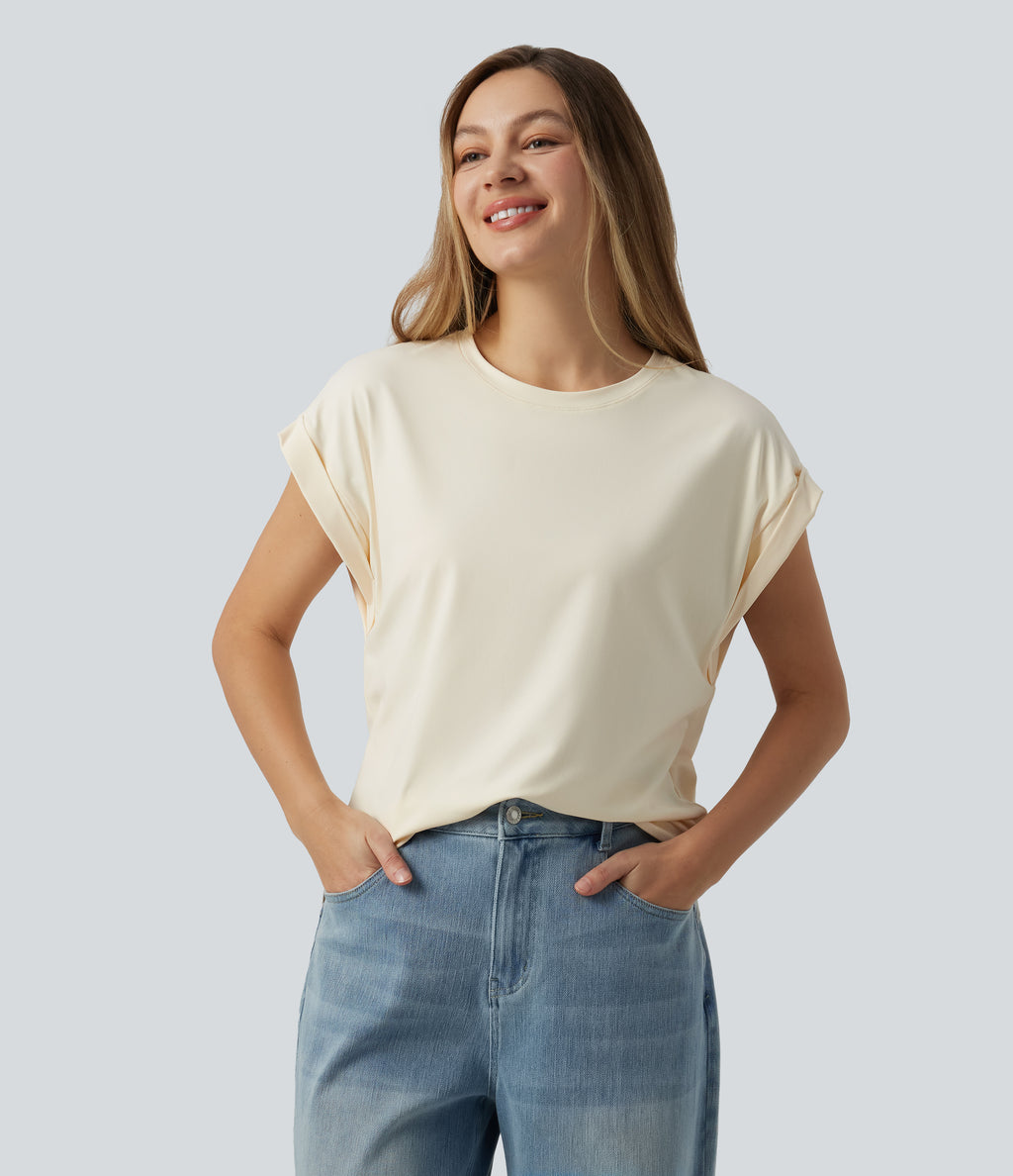 Round Neck Short Sleeve Casual T-Shirt — Pillowtalk - Light Beige — view 3