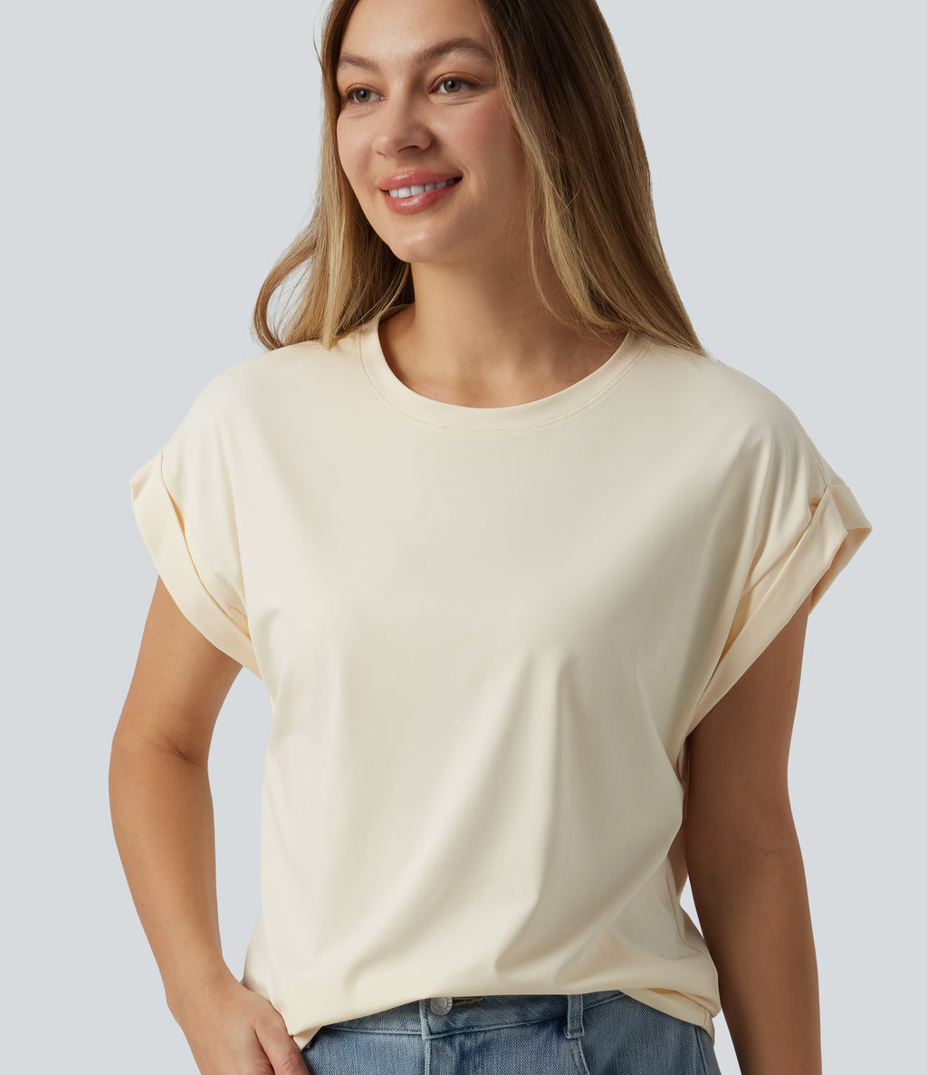 Round Neck Short Sleeve Casual T-Shirt — Pillowtalk - Light Beige — view 1