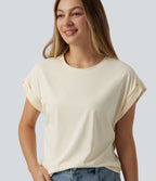 Round Neck Short Sleeve Casual T-Shirt — Pillowtalk - Light Beige — view 1