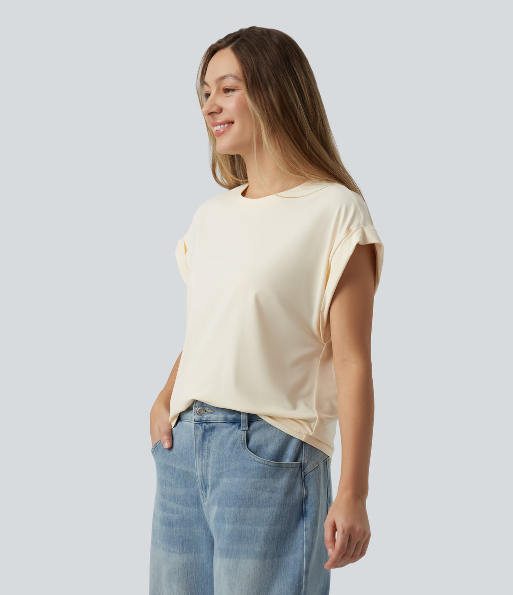 Round Neck Short Sleeve Casual T-Shirt — Pillowtalk - Light Beige — view 4