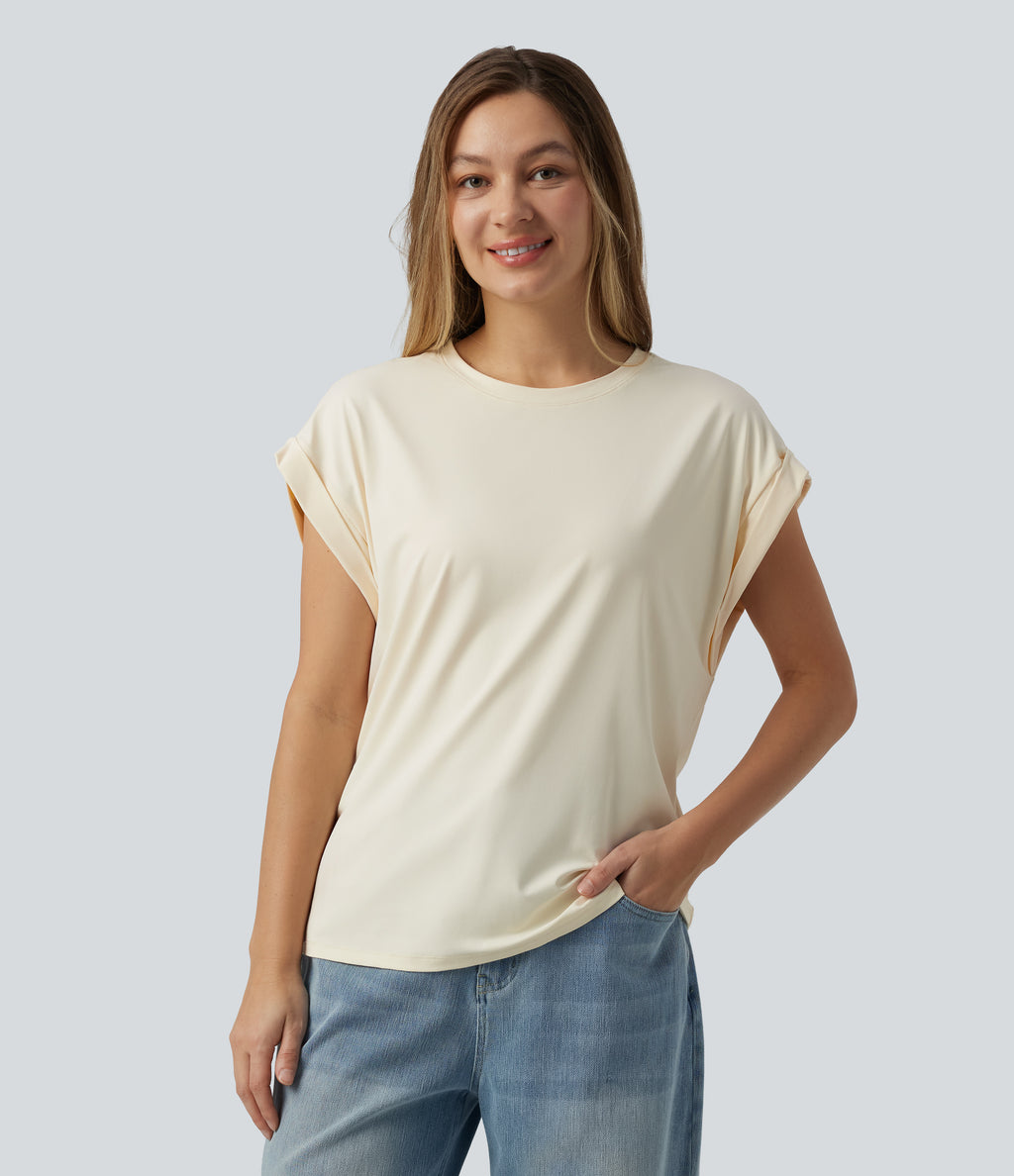 Round Neck Short Sleeve Casual T-Shirt — Pillowtalk - Light Beige — view 5