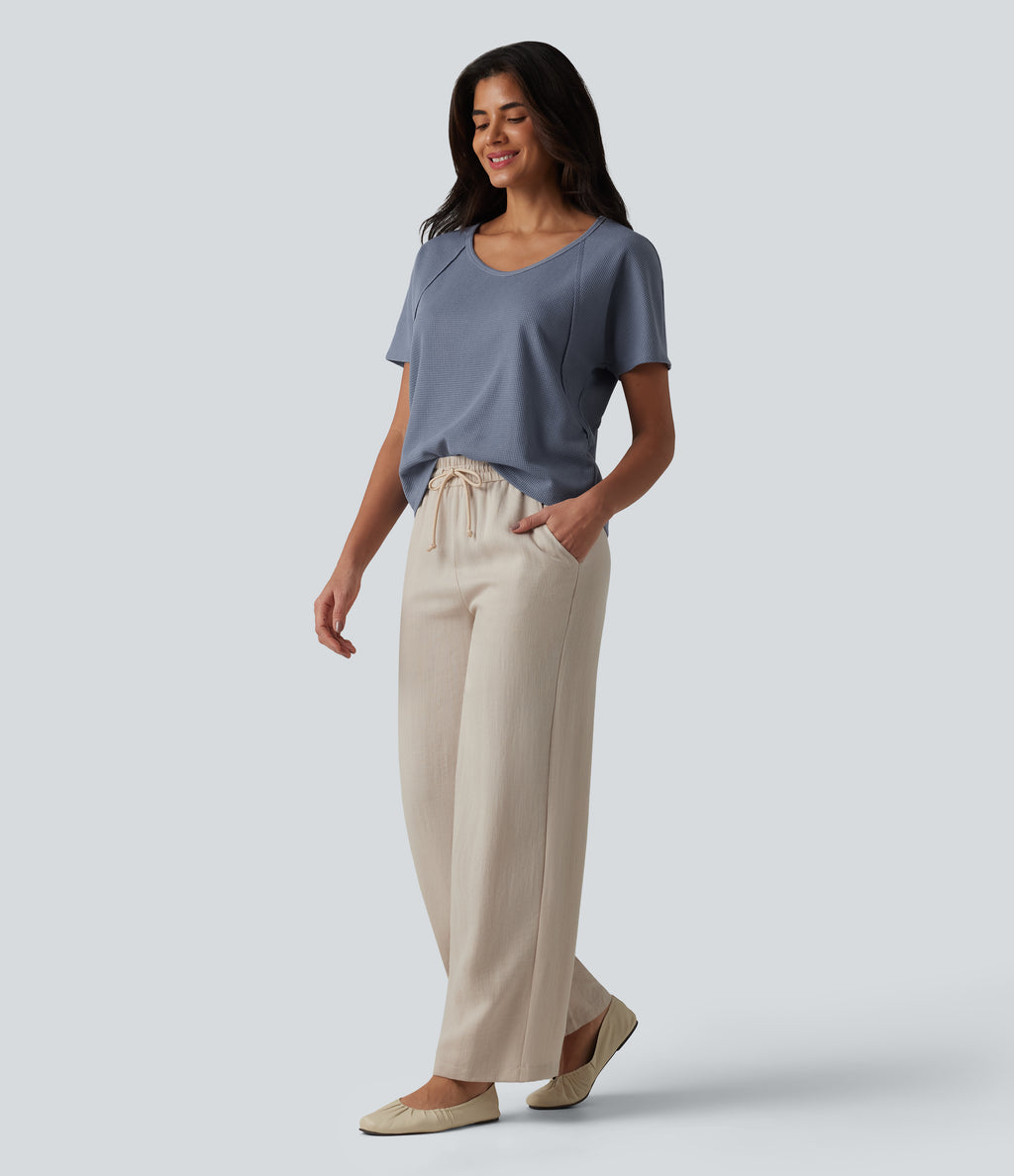 Sweetheart Neck Short Sleeve Waffle Casual T-Shirt — Colony Blue — view 8