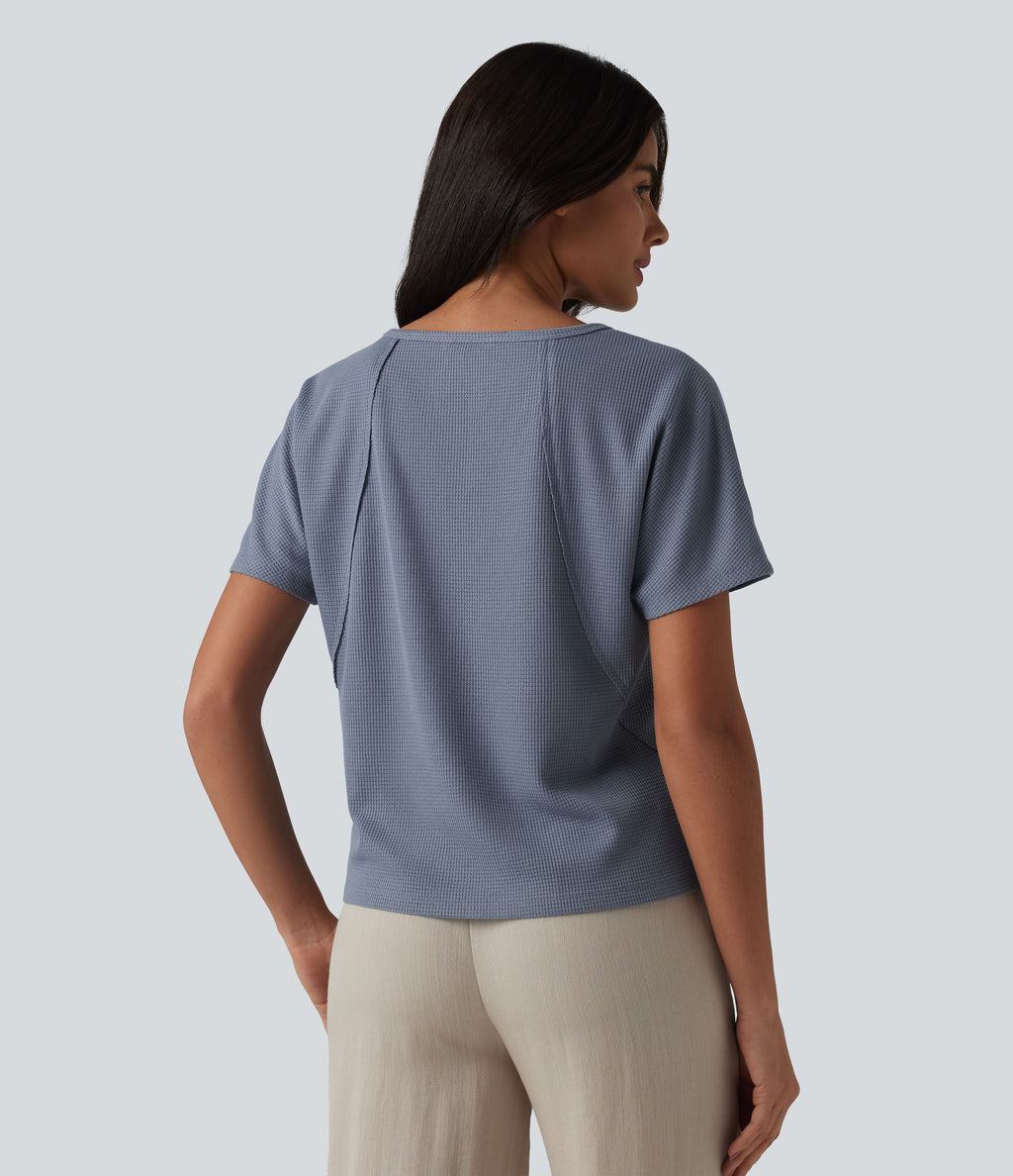 Sweetheart Neck Short Sleeve Waffle Casual T-Shirt — Colony Blue — view 2