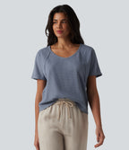 Sweetheart Neck Short Sleeve Waffle Casual T-Shirt — Colony Blue — view 3