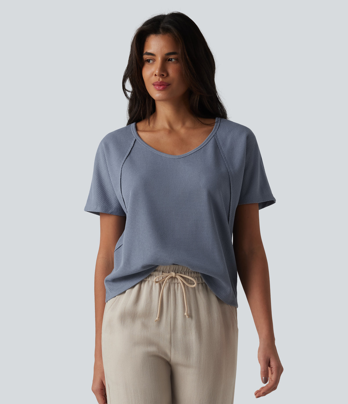 Sweetheart Neck Short Sleeve Waffle Casual T-Shirt — Colony Blue — view 3