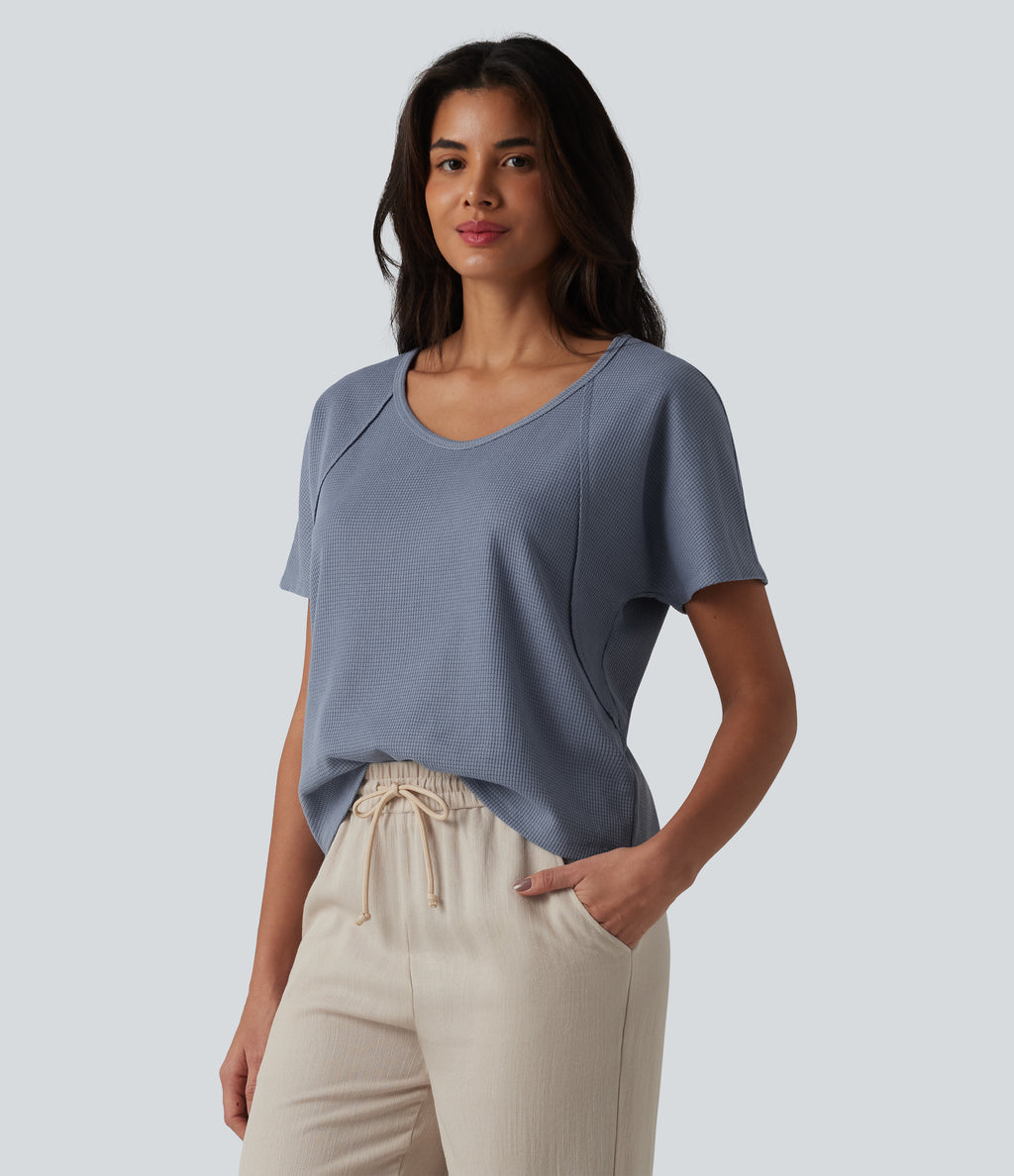 Sweetheart Neck Short Sleeve Waffle Casual T-Shirt — Colony Blue — view 4