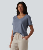 Sweetheart Neck Short Sleeve Waffle Casual T-Shirt — Colony Blue — view 4