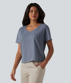 Sweetheart Neck Short Sleeve Waffle Casual T-Shirt — Colony Blue — view 7