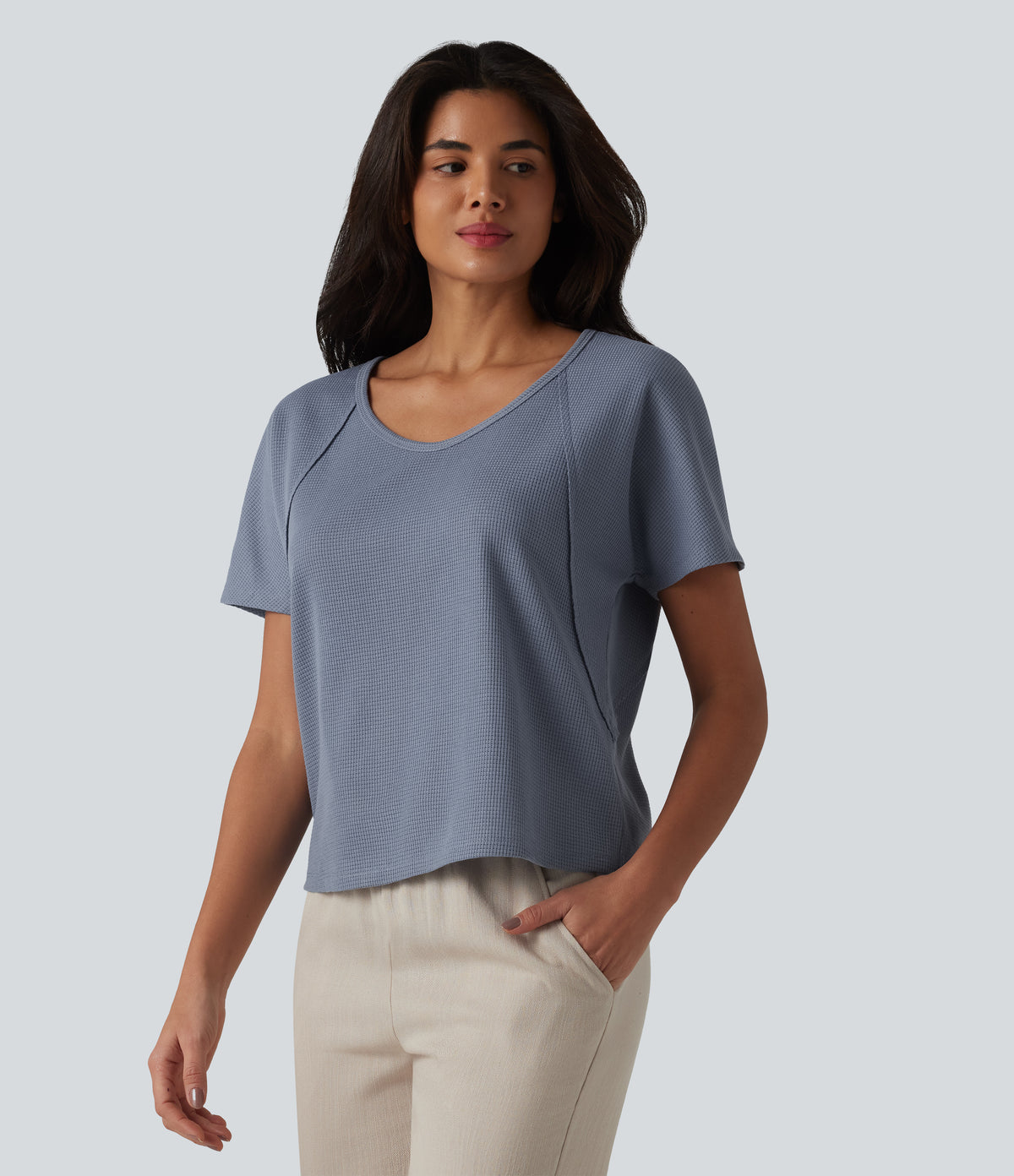 Sweetheart Neck Short Sleeve Waffle Casual T-Shirt — Colony Blue — view 7