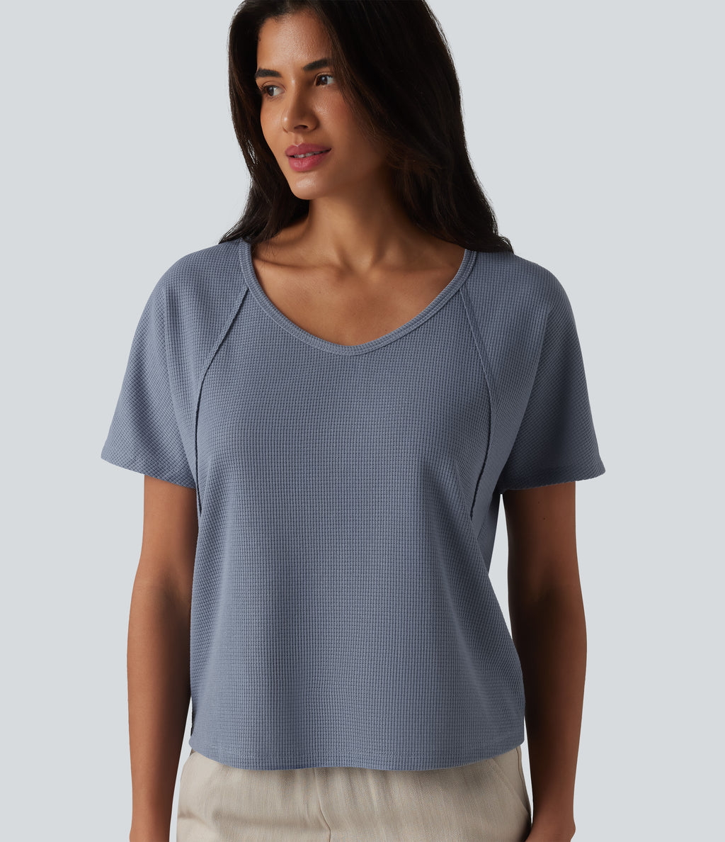Sweetheart Neck Short Sleeve Waffle Casual T-Shirt — Colony Blue — view 5