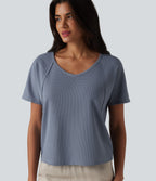 Sweetheart Neck Short Sleeve Waffle Casual T-Shirt — Colony Blue — view 5