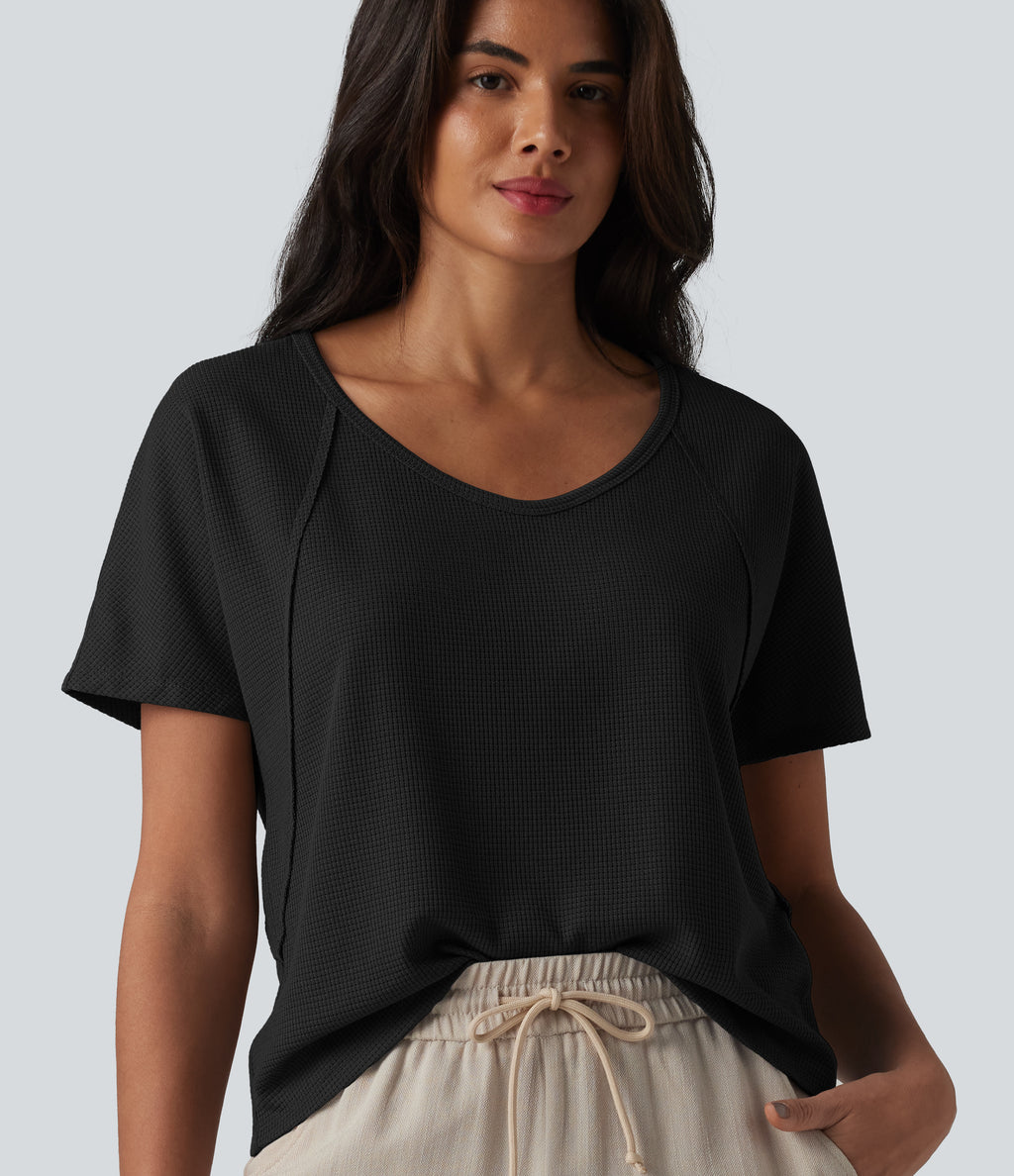 Sweetheart Neck Short Sleeve Waffle Casual T-Shirt — Black — view 9