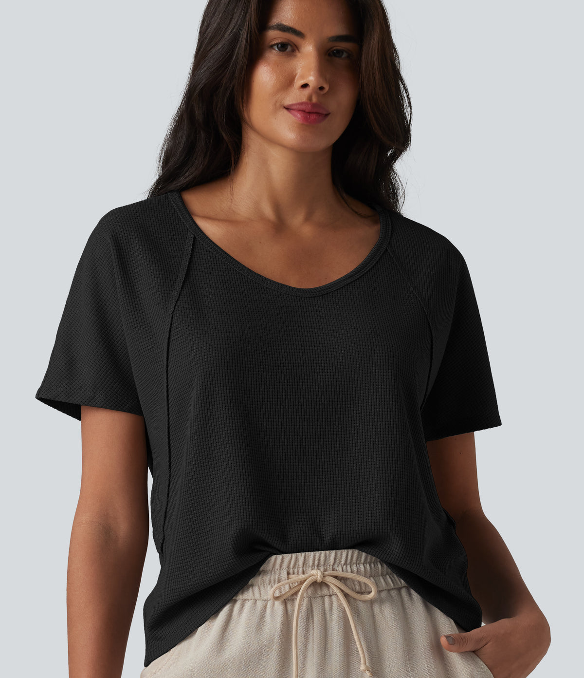 Sweetheart Neck Short Sleeve Waffle Casual T-Shirt — Black — view 9