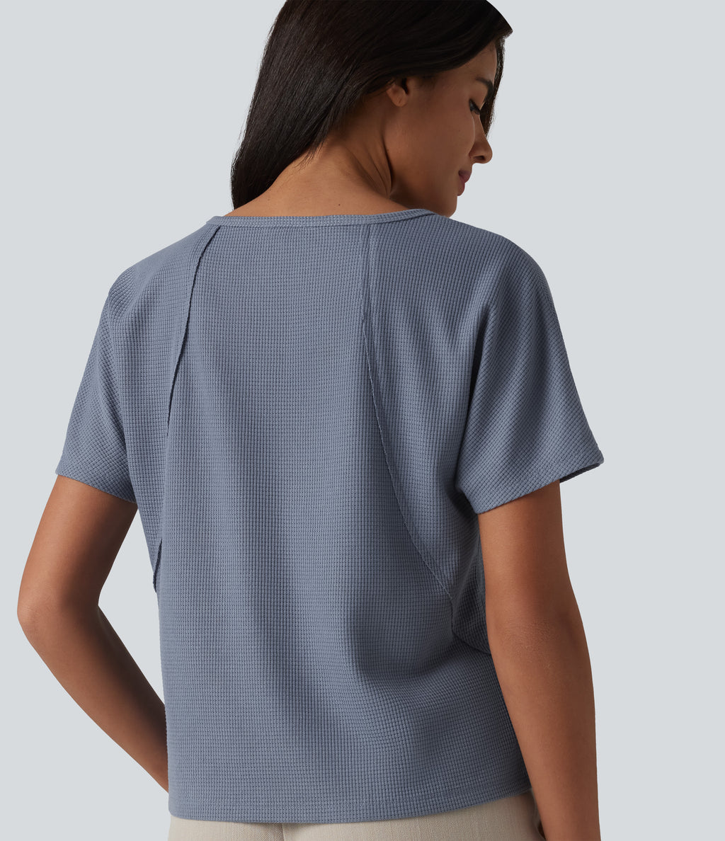Sweetheart Neck Short Sleeve Waffle Casual T-Shirt — Colony Blue — view 6