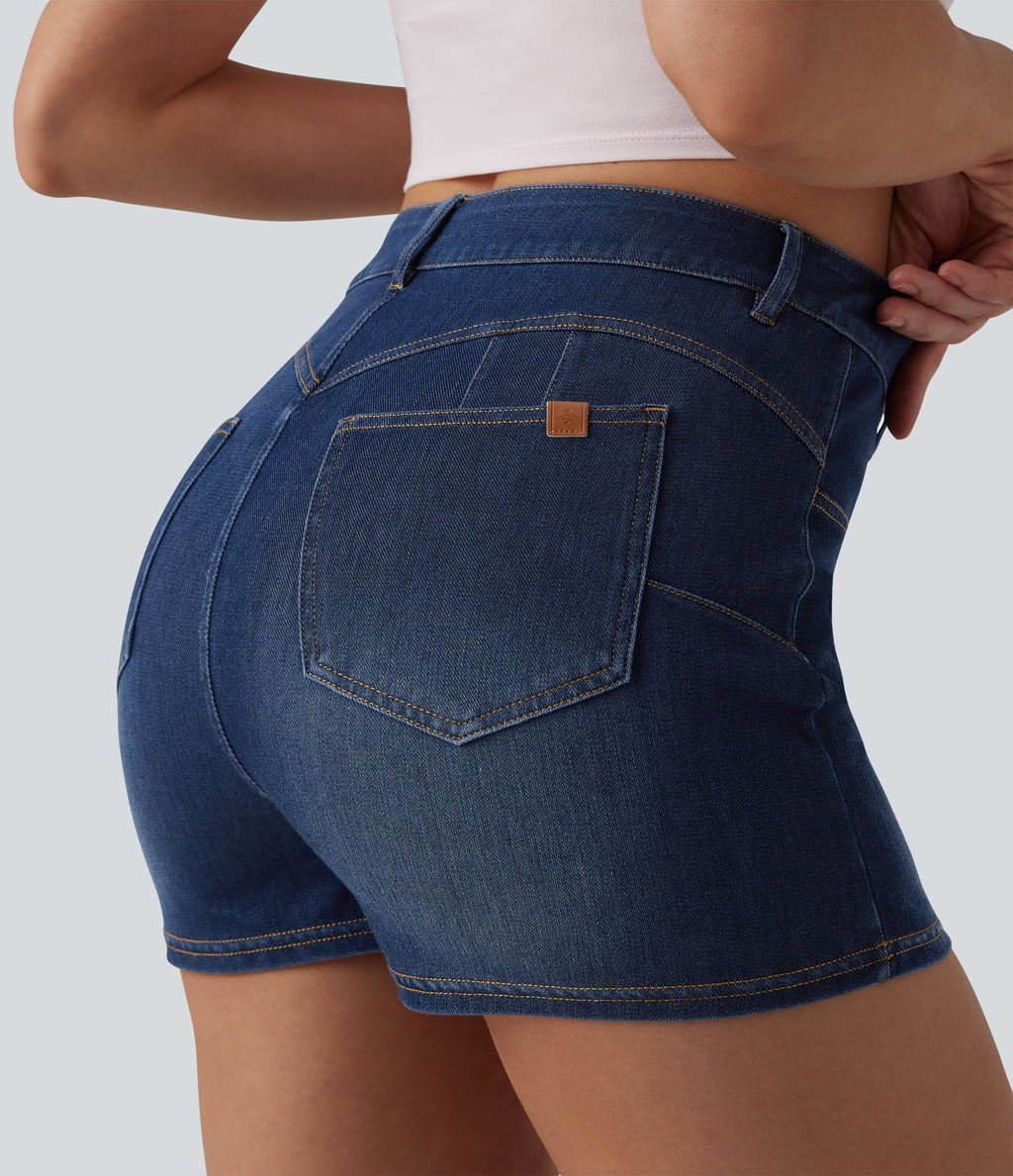 High Waisted Bodycon Micro Mini Denim Casual Skort with Pockets — Pageant Blue Denim — view 5