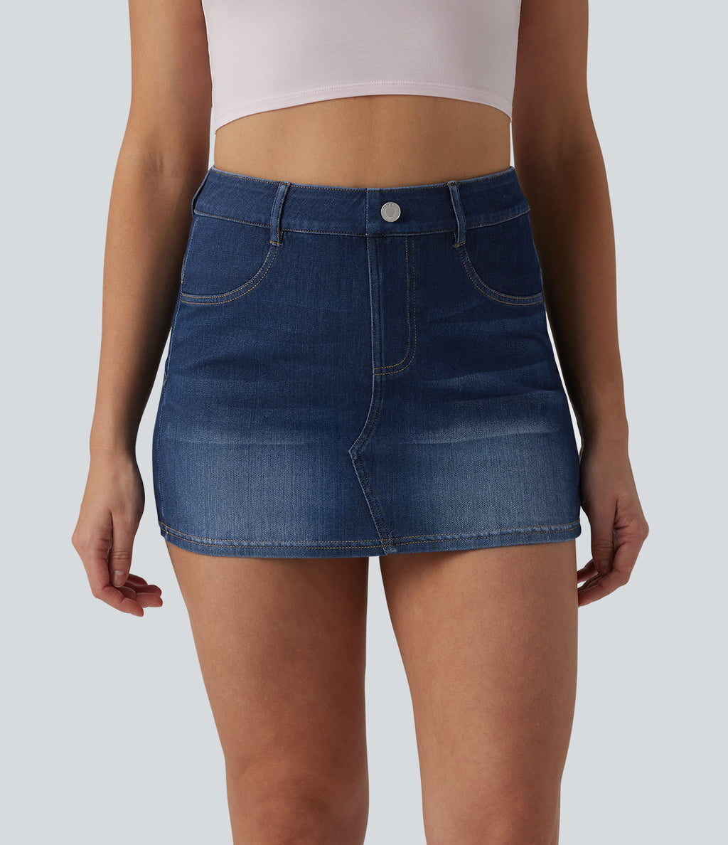 High Waisted Bodycon Micro Mini Denim Casual Skort with Pockets — Pageant Blue Denim — view 2