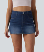 High Waisted Bodycon Micro Mini Denim Casual Skort with Pockets — Pageant Blue Denim — view 2