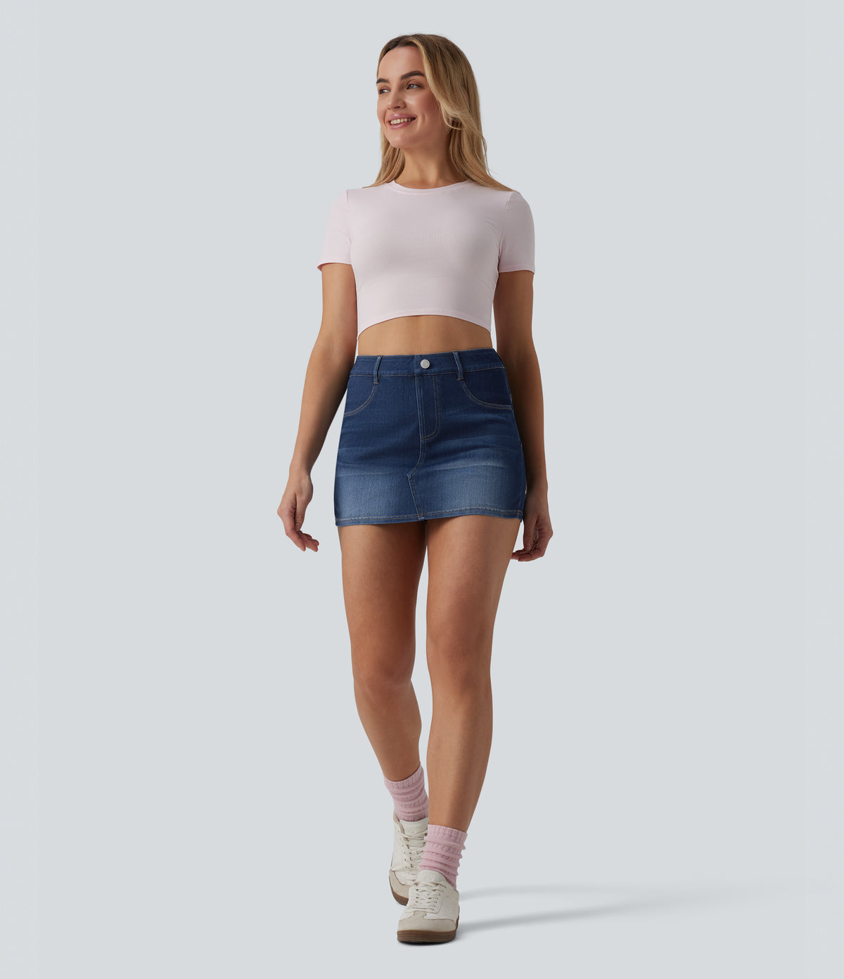 High Waisted Bodycon Micro Mini Denim Casual Skort with Pockets — Pageant Blue Denim — view 7
