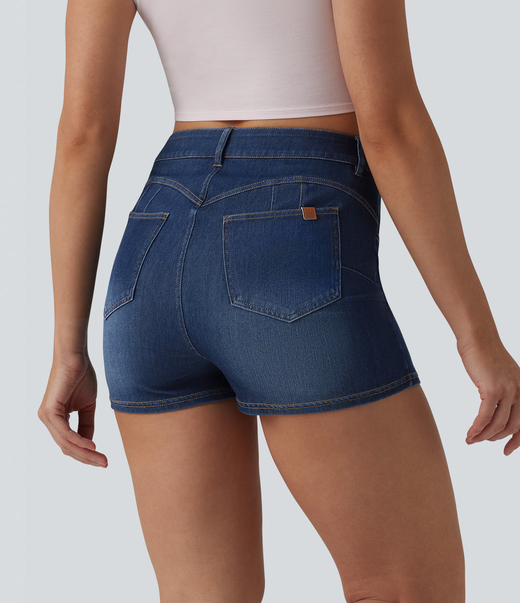 High Waisted Bodycon Micro Mini Denim Casual Skort with Pockets — Pageant Blue Denim — view 3