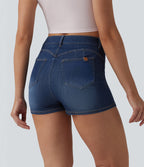 High Waisted Bodycon Micro Mini Denim Casual Skort with Pockets — Pageant Blue Denim — view 3