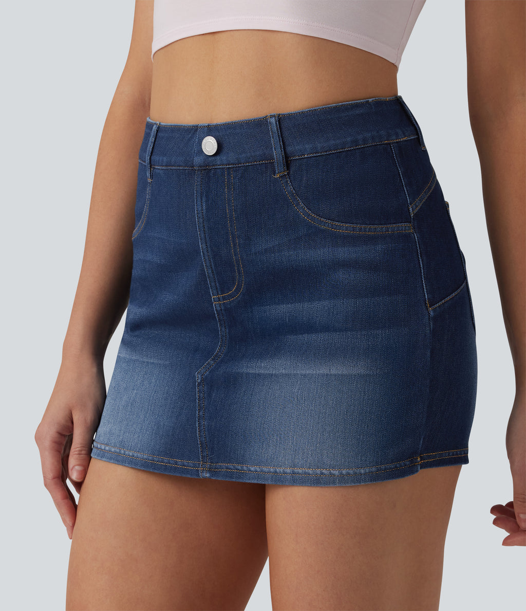 High Waisted Bodycon Micro Mini Denim Casual Skort with Pockets — Pageant Blue Denim — view 6