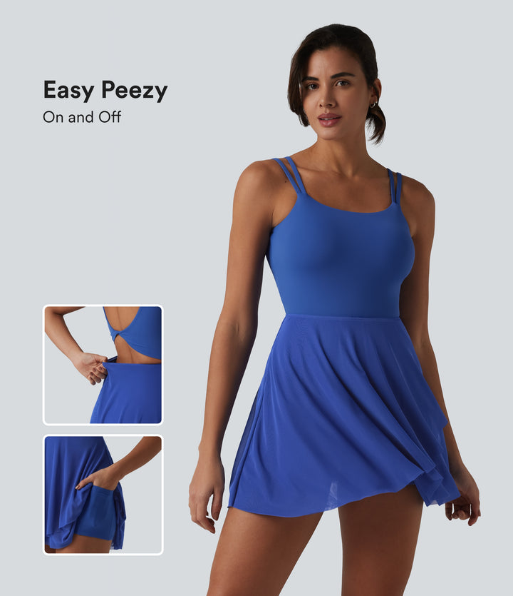 Built-in Bra Contrast Mesh 2-in-1 Mini Tennis Active Slip Dress with Pockets-Edition — Beaucoup Blue — view 1