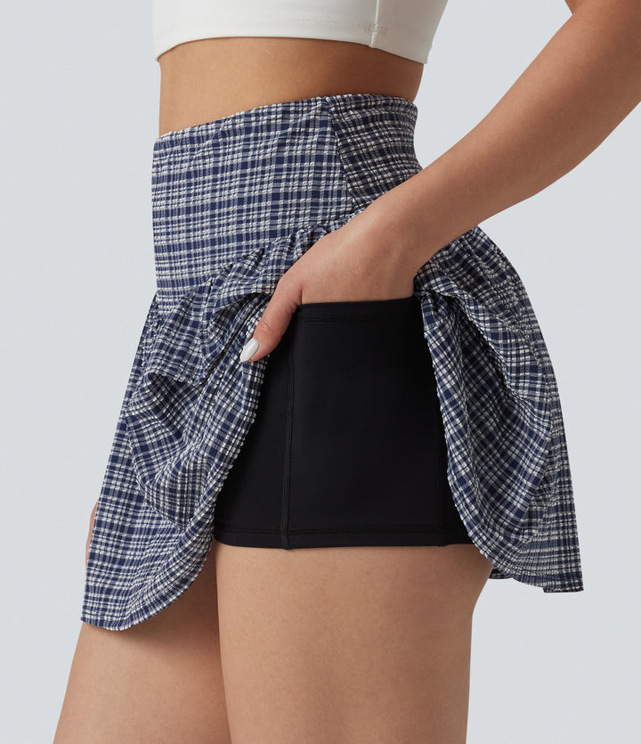 High Waisted 2-in-1 A-line Mini Plaid Crinkle Quick Dry Tennis Skirt with Pockets — Mist Night Weave Plaid — view 1