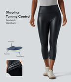 High Waisted Tummy Control Stretchy PU Casual Capri Leggings with Pockets — Ink Night Blue — view 1