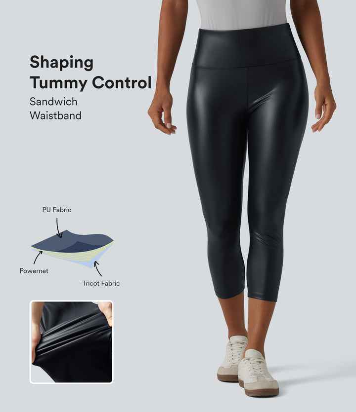 High Waisted Tummy Control Stretchy PU Casual Capri Leggings with Pockets — Ink Night Blue — view 1