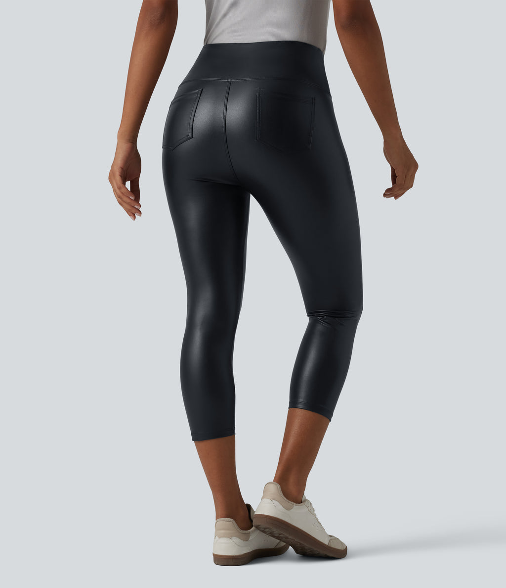 High Waisted Tummy Control Stretchy PU Casual Capri Leggings with Pockets — Ink Night Blue — view 2