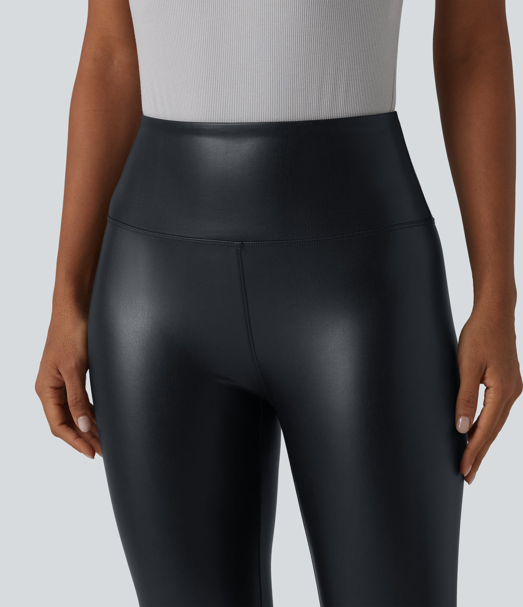 High Waisted Tummy Control Stretchy PU Casual Capri Leggings with Pockets — Ink Night Blue — view 4