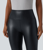 High Waisted Tummy Control Stretchy PU Casual Capri Leggings with Pockets — Ink Night Blue — view 4
