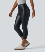 High Waisted Tummy Control Stretchy PU Casual Capri Leggings with Pockets — Ink Night Blue — view 3
