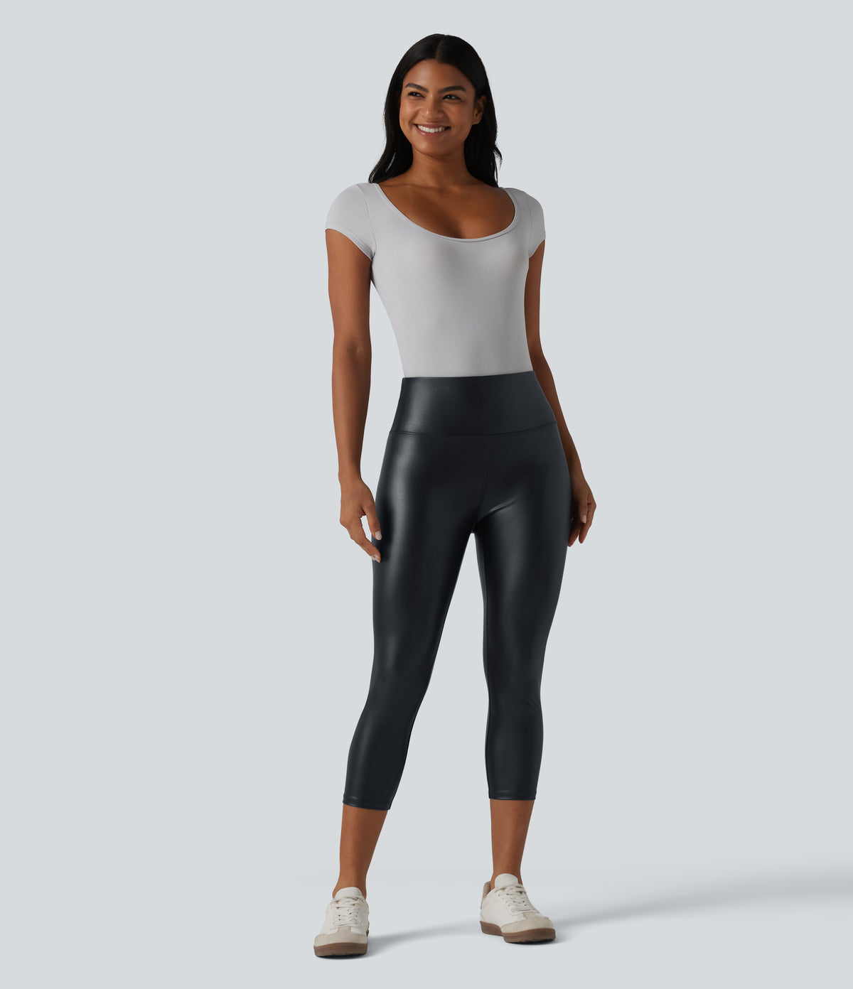 High Waisted Tummy Control Stretchy PU Casual Capri Leggings with Pockets — Ink Night Blue — view 6