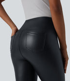 High Waisted Tummy Control Stretchy PU Casual Capri Leggings with Pockets — Ink Night Blue — view 5