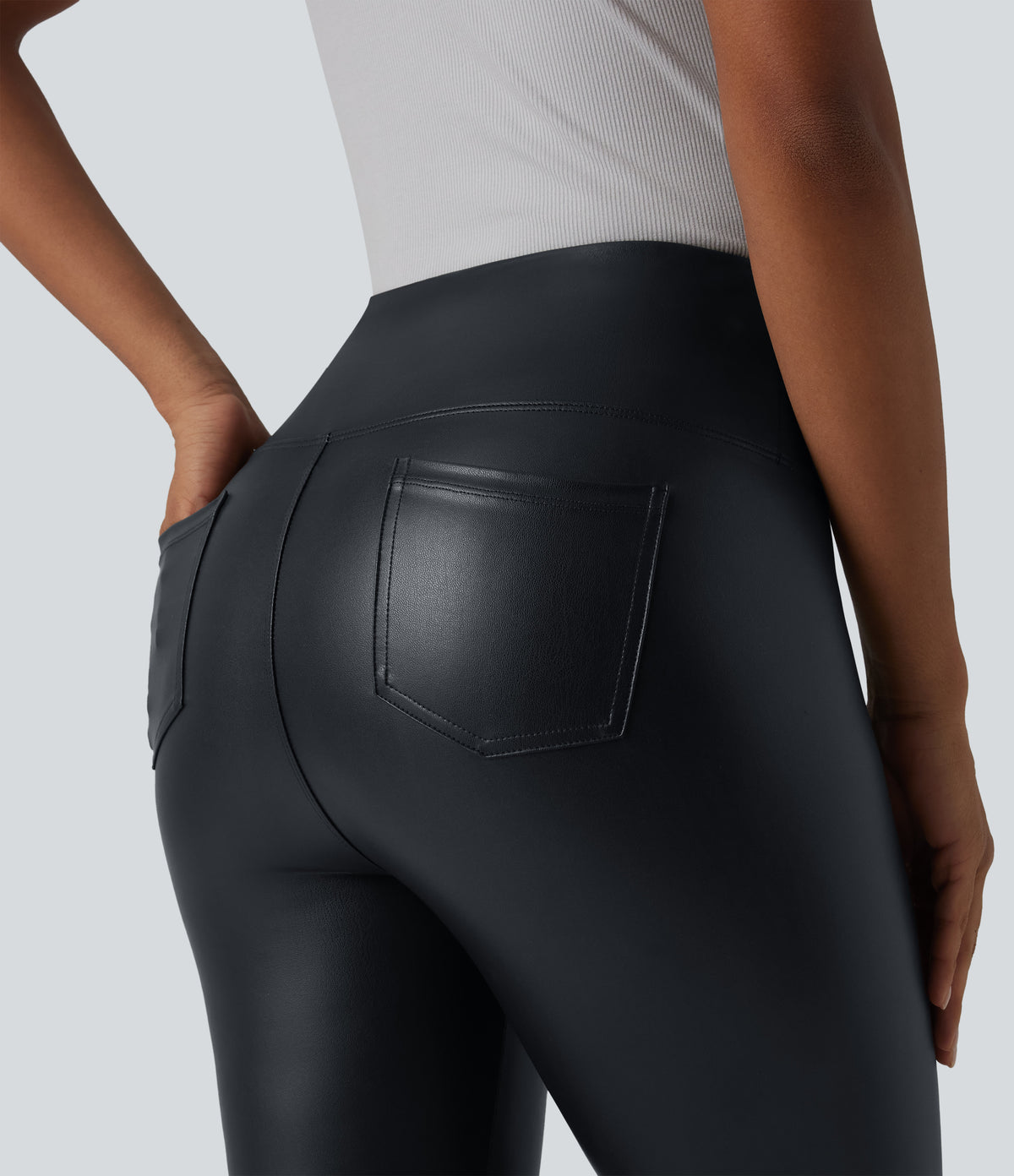 High Waisted Tummy Control Stretchy PU Casual Capri Leggings with Pockets — Ink Night Blue — view 5