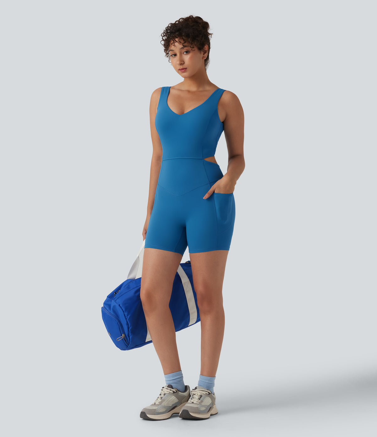 Crisscross Backless Tummy Control Butt Lifting Scrunch Non-Removable Pad Workout Skinny Playsuit with Pockets — Vallarta Blue — view 7