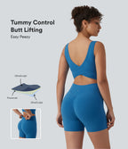 Crisscross Backless Tummy Control Butt Lifting Scrunch Non-Removable Pad Workout Skinny Playsuit with Pockets — Vallarta Blue — view 1