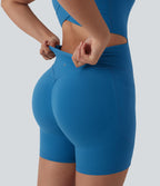 Crisscross Backless Tummy Control Butt Lifting Scrunch Non-Removable Pad Workout Skinny Playsuit with Pockets — Vallarta Blue — view 4