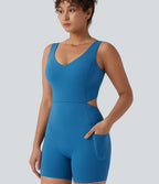 Crisscross Backless Tummy Control Butt Lifting Scrunch Non-Removable Pad Workout Skinny Playsuit with Pockets — Vallarta Blue — view 6