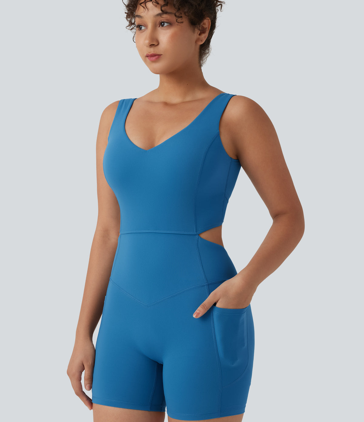 Crisscross Backless Tummy Control Butt Lifting Scrunch Non-Removable Pad Workout Skinny Playsuit with Pockets — Vallarta Blue — view 6