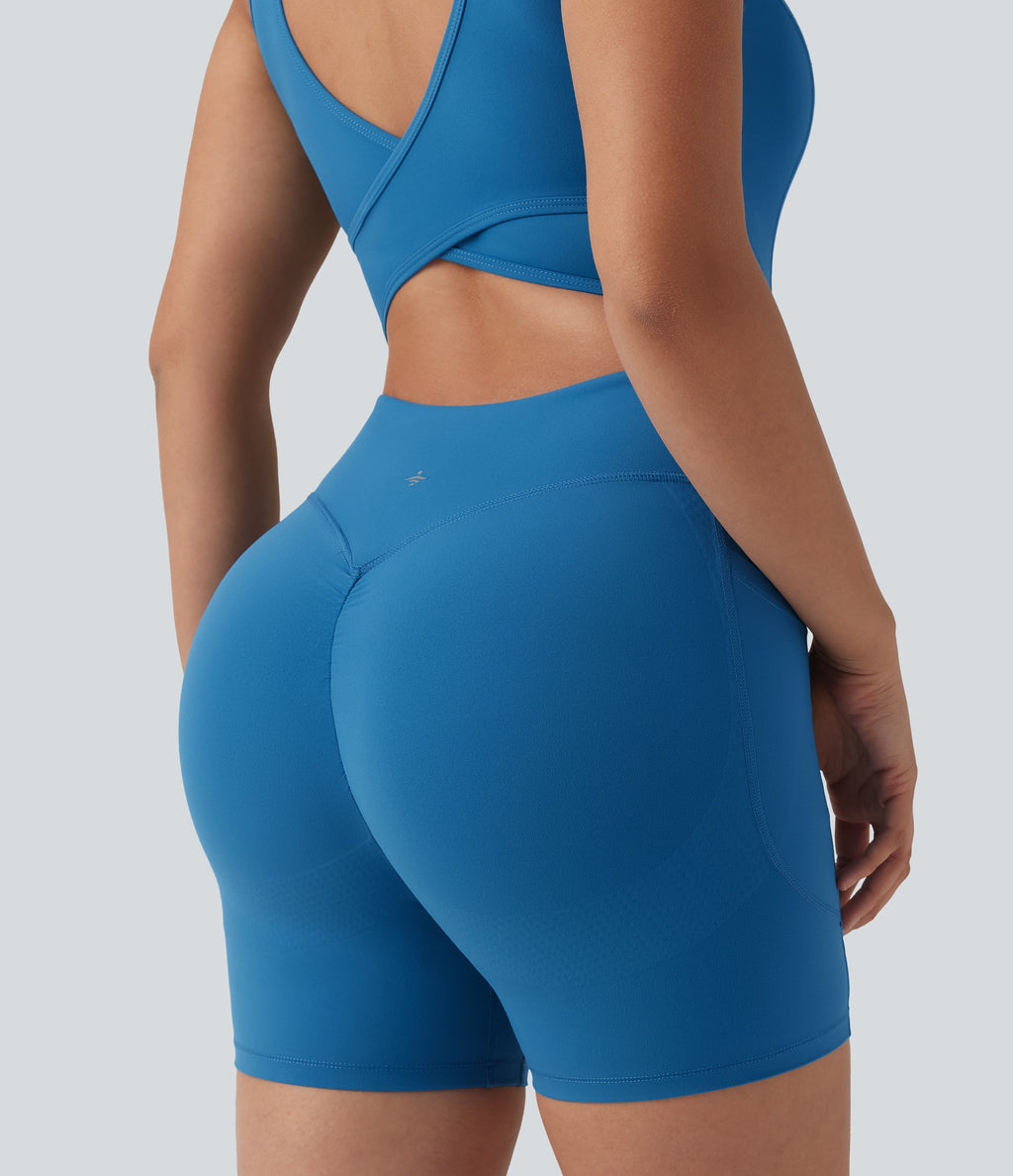 Crisscross Backless Tummy Control Butt Lifting Scrunch Non-Removable Pad Workout Skinny Playsuit with Pockets — Vallarta Blue — view 5
