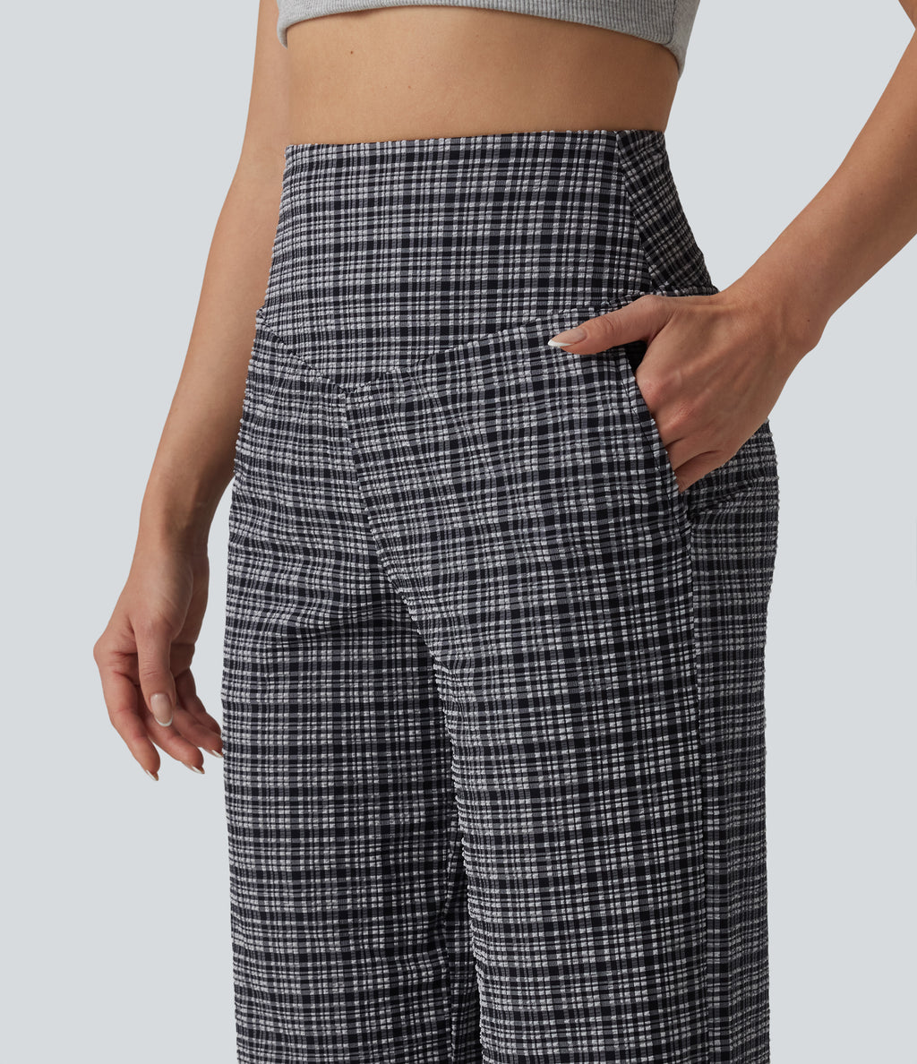 High Waisted Tummy Control Plaid Crinkle Quick Dry Casual Wide Leg Trousers with Pockets — Ink-Snow Weave Plaid — view 4