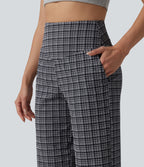High Waisted Tummy Control Plaid Crinkle Quick Dry Casual Wide Leg Trousers with Pockets — Ink-Snow Weave Plaid — view 4