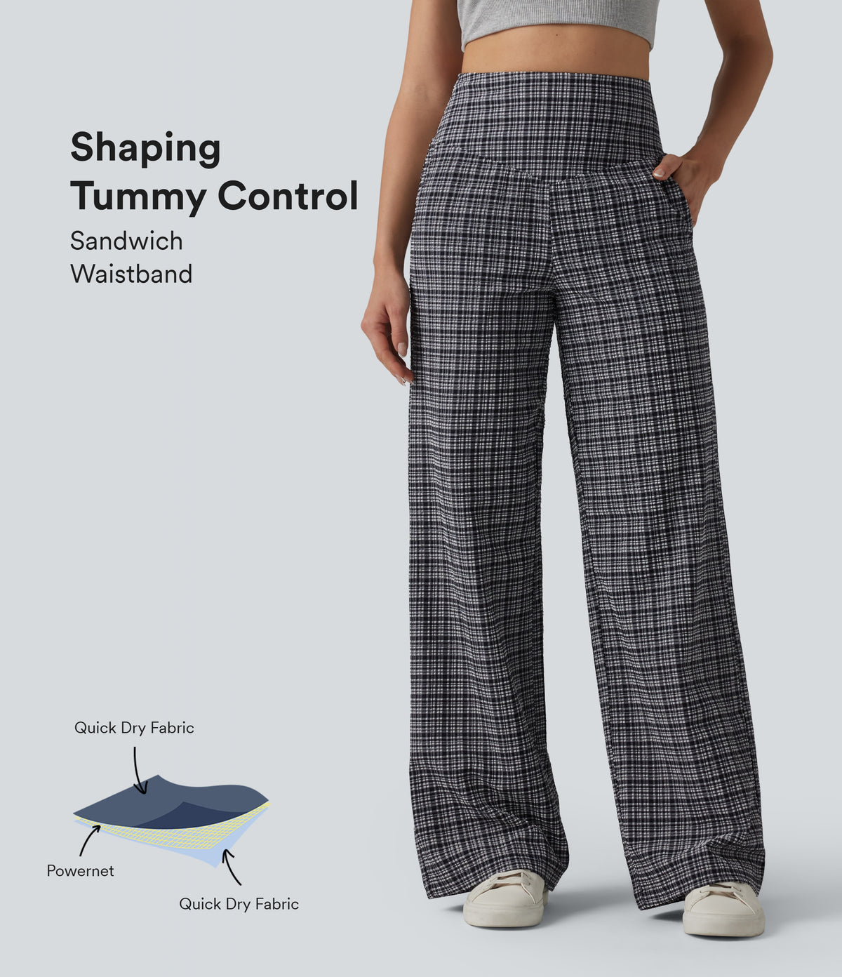 High Waisted Tummy Control Plaid Crinkle Quick Dry Casual Wide Leg Trousers with Pockets — Ink-Snow Weave Plaid — view 1