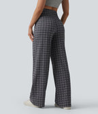 High Waisted Tummy Control Plaid Crinkle Quick Dry Casual Wide Leg Trousers with Pockets — Ink-Snow Weave Plaid — view 2
