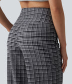 High Waisted Tummy Control Plaid Crinkle Quick Dry Casual Wide Leg Trousers with Pockets — Ink-Snow Weave Plaid — view 6