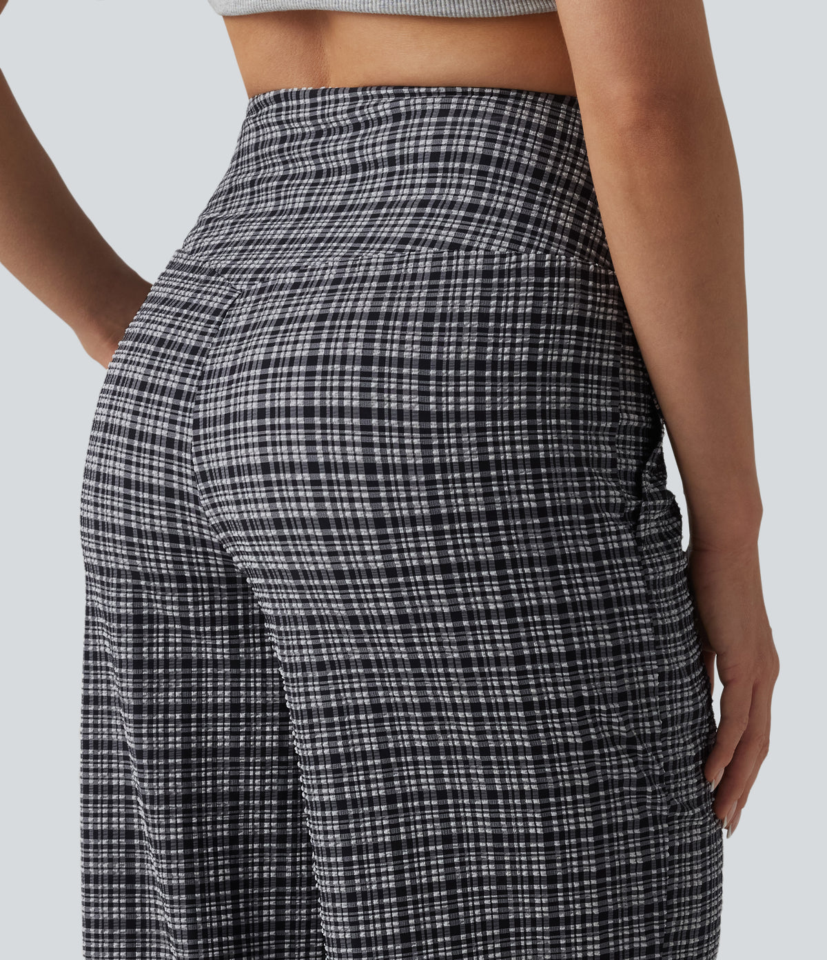High Waisted Tummy Control Plaid Crinkle Quick Dry Casual Wide Leg Trousers with Pockets — Ink-Snow Weave Plaid — view 6